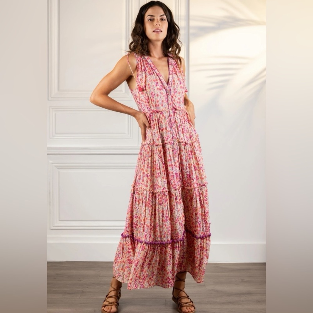 Poupette St Barth Pink & Yellow Floral Maxi Dress